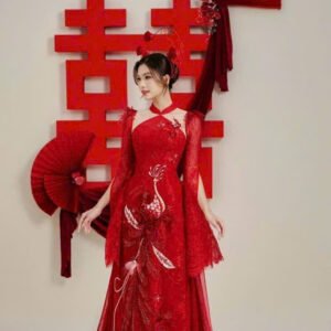 Áo dài cô dâu tay ren kết